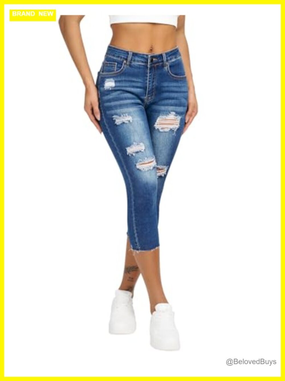 roswear Women's Capri Jeans Ripped Stretch Denim Mid Rise Skinny Cropped Pants